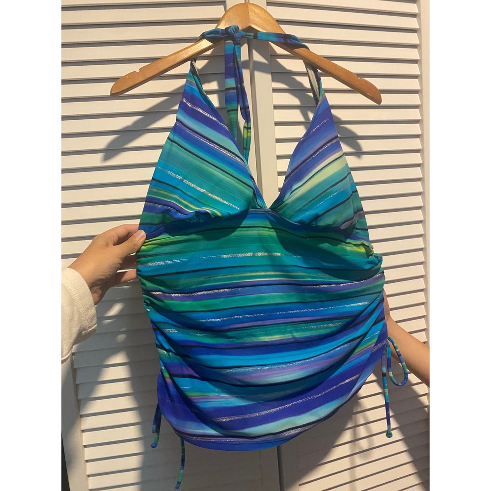 Beach Diva Blue Green Striped Metallic Ruched Halter Tankini Top Size 14